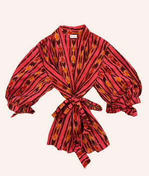 RE-TALE-Zahira Bow Short Sleeve Handloom Ikat Wrap Blouse | Sunset
