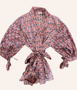 RE-TALE-Zahira Bow Short Sleeve Handblock Printed Wrap Blouse | Soft Lilac