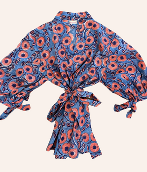 RE-TALE-Zahira Bow Short Sleeve Handblock Printed Wrap Blouse | Pink & Blue Meadow
