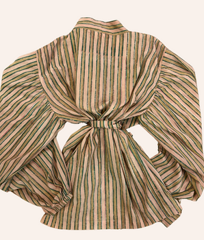 RE-TALE-Zahira Handblock Printed Wrap Blouse | Pistache Pink Stripe