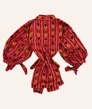 RE-TALE-Zahira Bow Short Sleeve Handloom Ikat Wrap Blouse | Sunset