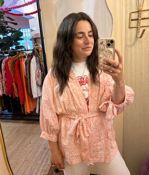 RE-TALE-Zahira Bow Short Sleeve Handblock Printed Wrap Blouse | White & Pink Floral